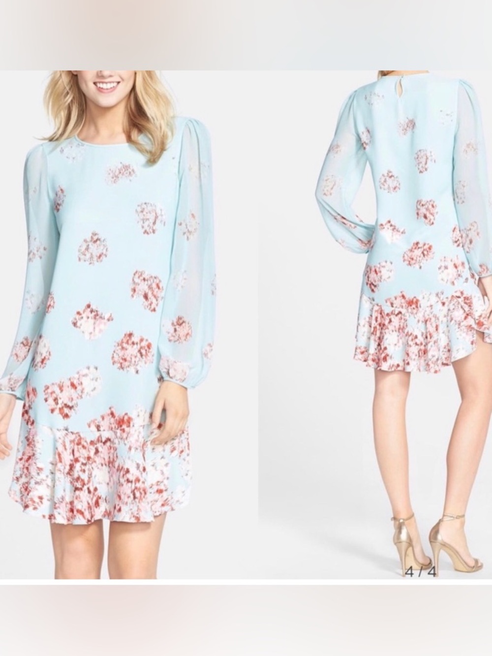 BCBGMAXAZRIA Bailee Long Sleeve Flounce Hem Dress light blue size large